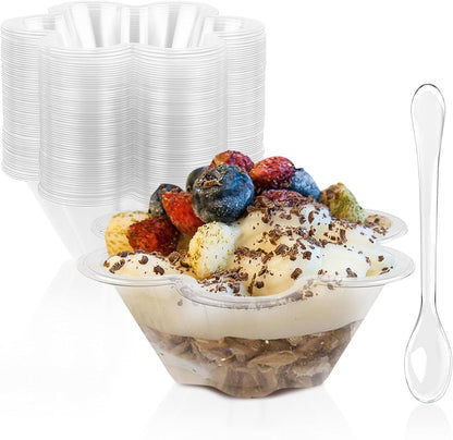 TOFLEN 8 Oz Dessert Cups with Spoons, 50 Pack Clear Plastic Small Party Serving Bowls for Sundae, Parfait, Fruit, Strawberry Shortcake, Disposable Snack Bowls (Flower Shape)