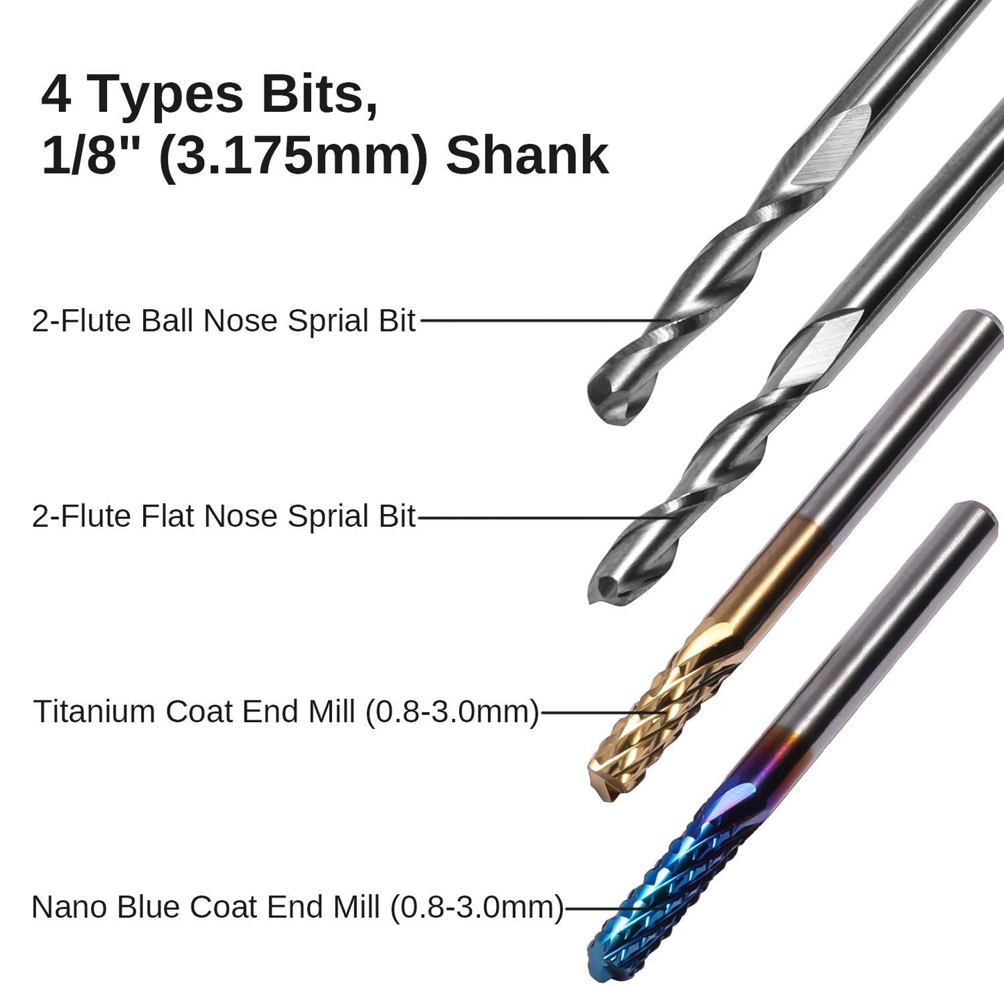 Genmitsu 40Pcs End Mills CNC Router Bits, 1/8" Shank CNC Cutter Milling Carving Bit Set Including 2-Flute Flat Nose & Ball Nose, Nano Blue Coat & Titanium Coat, MC40A