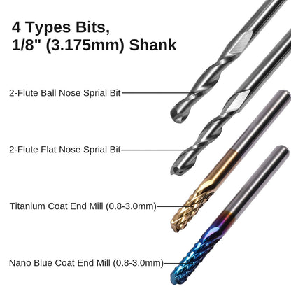 Genmitsu 40Pcs End Mills CNC Router Bits, 1/8" Shank CNC Cutter Milling Carving Bit Set Including 2-Flute Flat Nose & Ball Nose, Nano Blue Coat & Titanium Coat, MC40A
