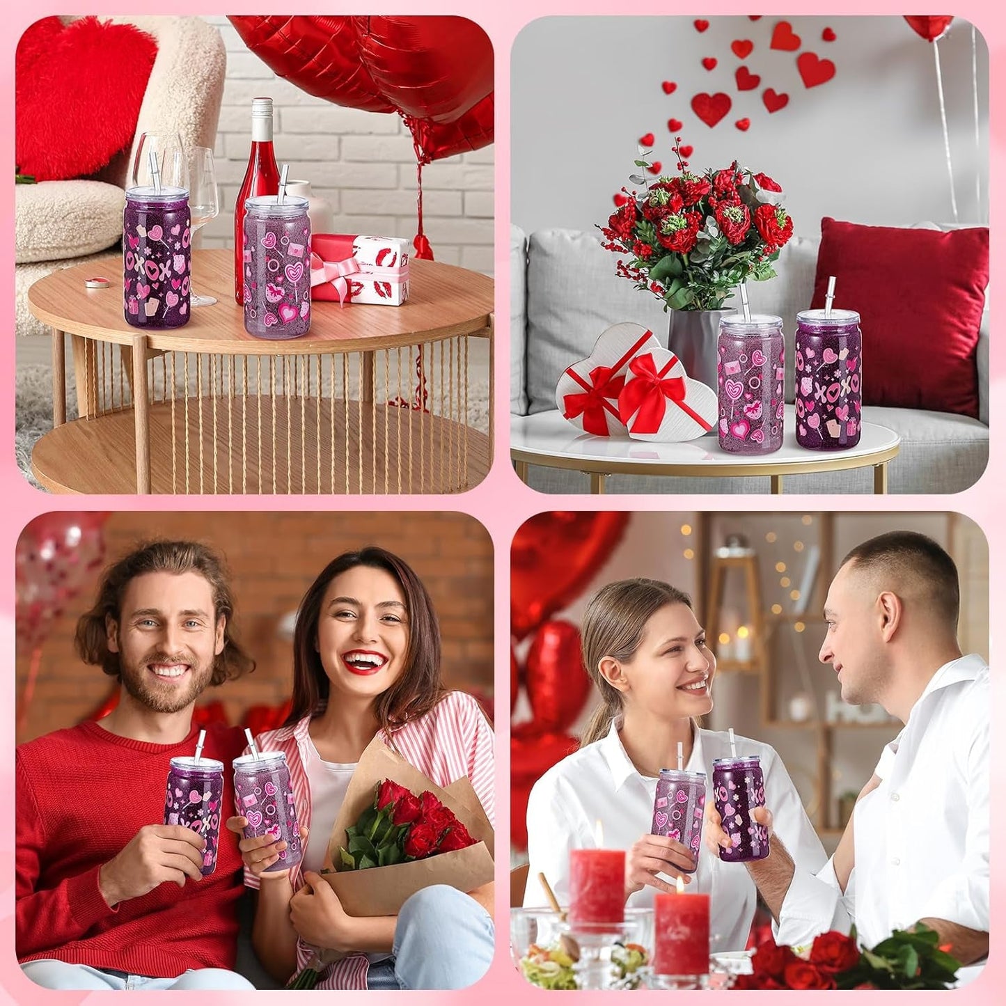 6 Pack Valentine'S Day DIY Snow Globe Tumbler Supplies Kits 16Oz Pre Drilled Double Wall Can Glitter Squeeze Bottle UV Resin Flashlight Pink Red Powder Stickers Valentine Making Tools for Starters