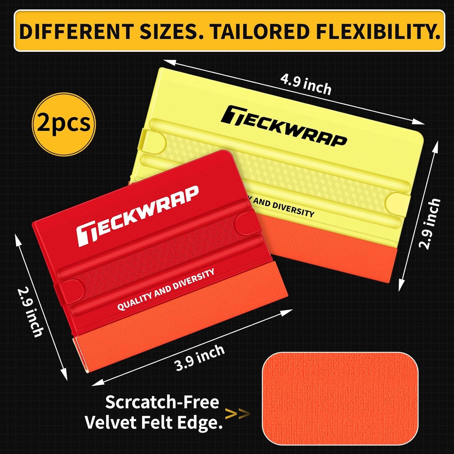 Felt Squeegee for Vinyl Wrap, 2 Hardness Options Vinyl Scraper Tool with Anti-Slip Twin Ribs & Dual-Corner Design for PPF, Tint & Decals (Yellow 40A / Red 60A)