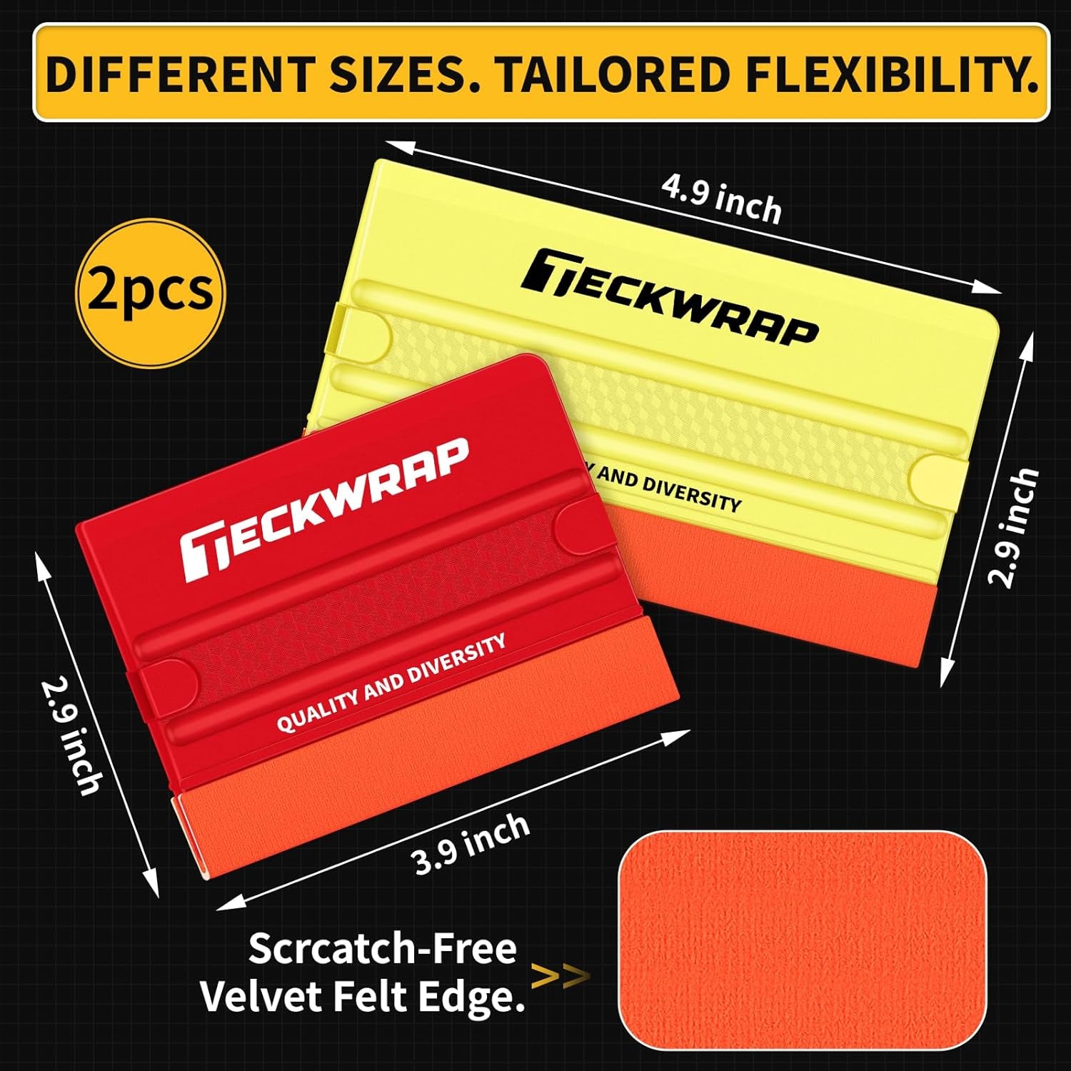 Felt Squeegee for Vinyl Wrap, 2 Hardness Options Vinyl Scraper Tool with Anti-Slip Twin Ribs & Dual-Corner Design for PPF, Tint & Decals (Yellow 40A / Red 60A)