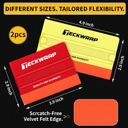 Felt Squeegee for Vinyl Wrap, 2 Hardness Options Vinyl Scraper Tool with Anti-Slip Twin Ribs & Dual-Corner Design for PPF, Tint & Decals (Yellow 40A / Red 60A)