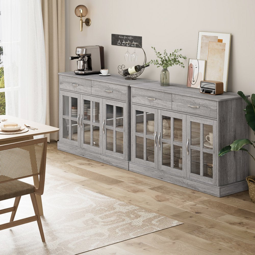 Buffet Server Cupboard, Kitchen Sideboard Cabinet with 3 Doors and 2 Drawers for Dining Room, Sliver Gray Finish