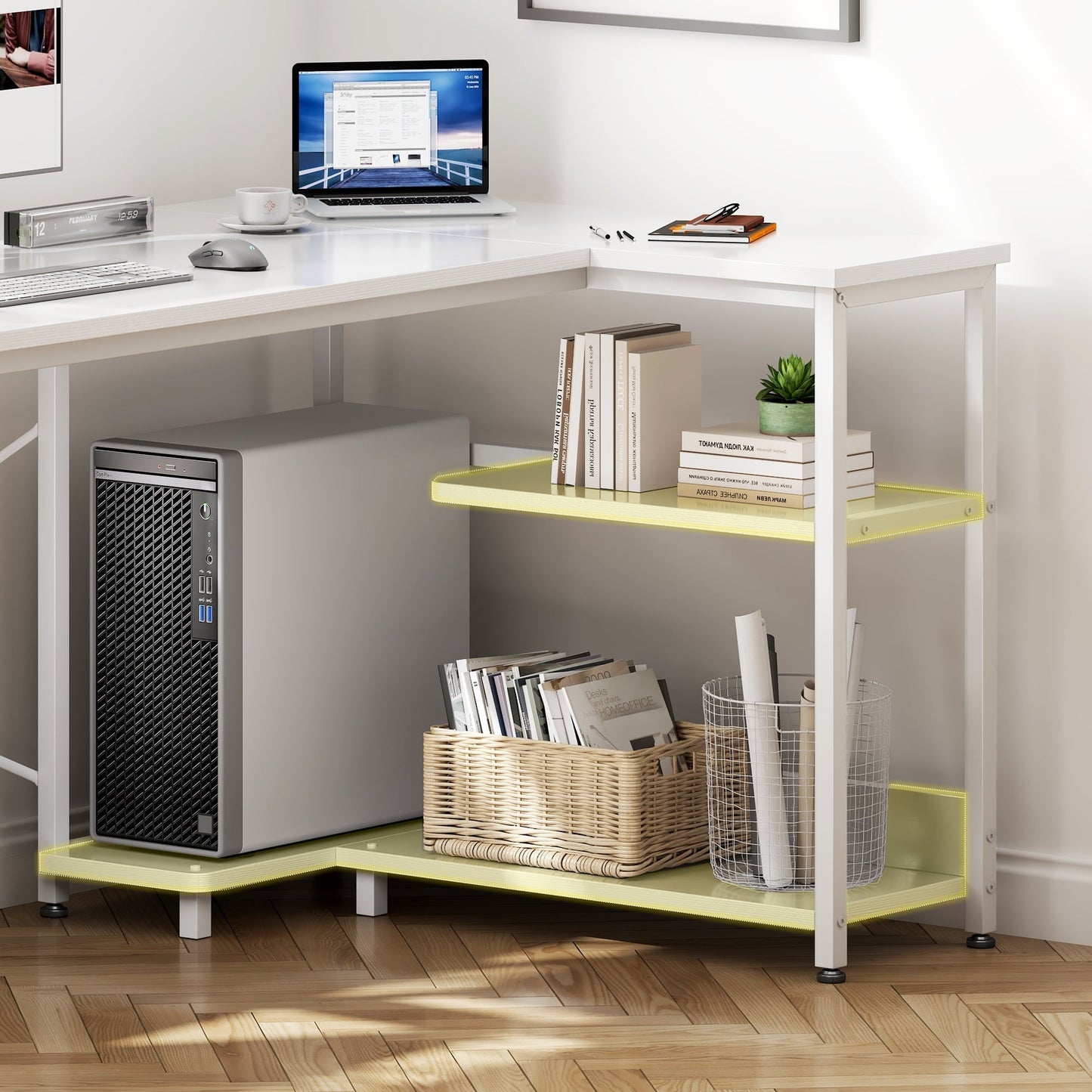 40 Inch L Shaped Computer Desk with 3 Storage Shelves, Small Reversible Corner Desk for Small Space with Hock, Home Office L-Shaped Desk, White