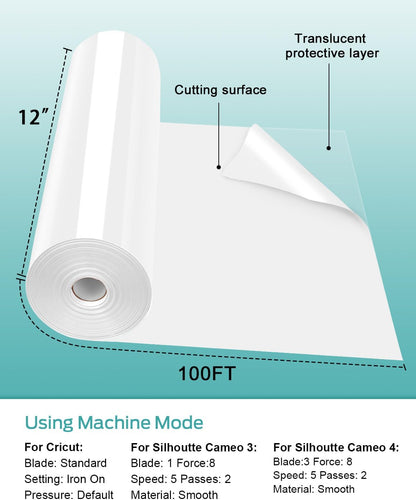 Lzerking Heat Transfer Vinyl White Htv Matte-12 X100Ft Iron on Vinyl Roll for Cricut/Cameo Bundle, DIY Shirts, Bags, Socks, Shoes, Pillow and Other Frabic - Easy to Cut & Weed