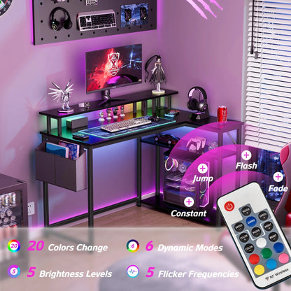 L-Shaped Office Desk with Power Outlets & LED Lights, 47" Computer Desk with Monitor Stand, Black