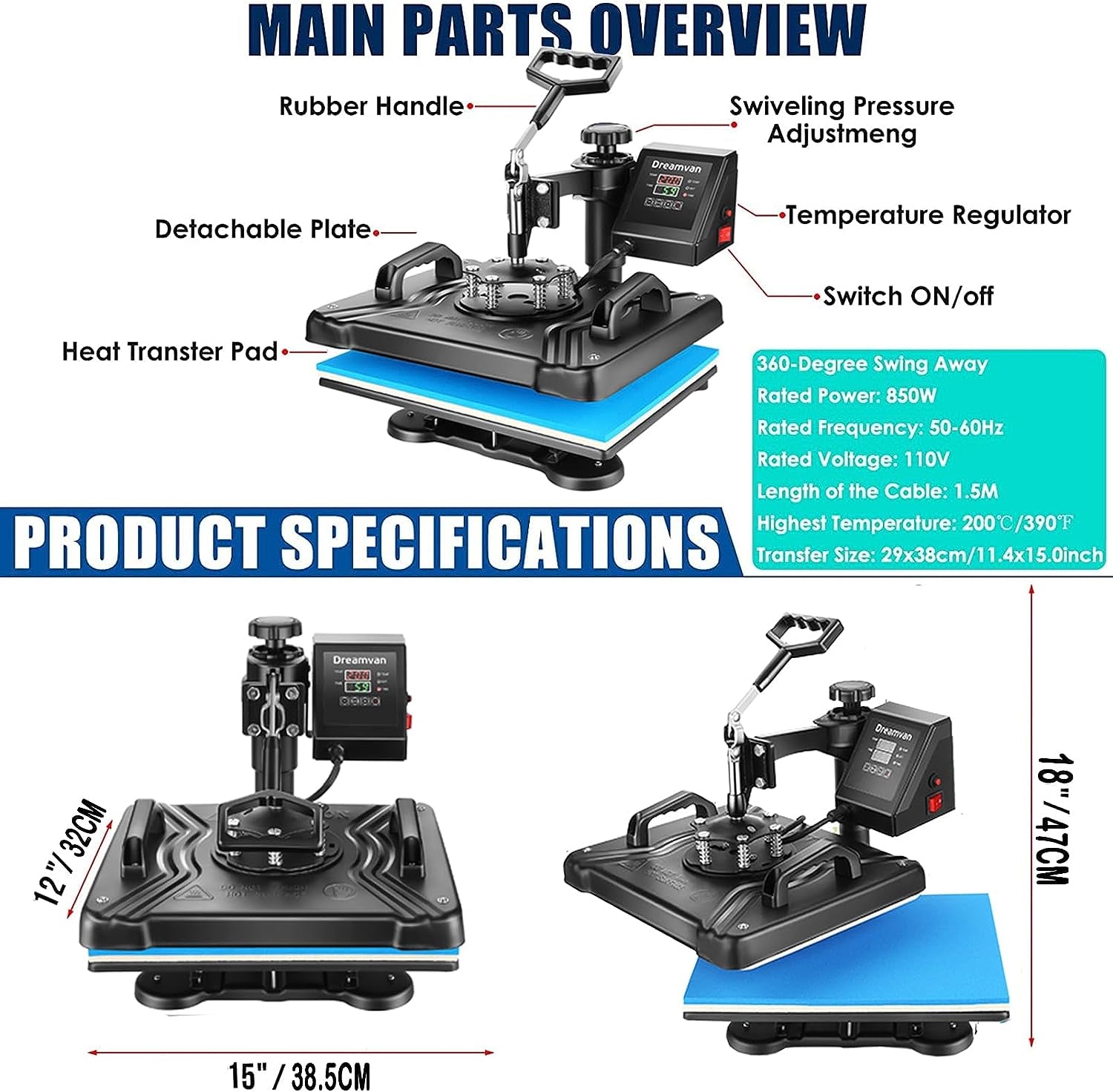 5 in 1 Heat Press Machine for T Shirts Professional Swing Away Heat Press Digital Combo 12" X 15" 360-Degree Rotation Heat Press Machines Sublimation Heat Transfer for T Shirts Mug Hat Plate