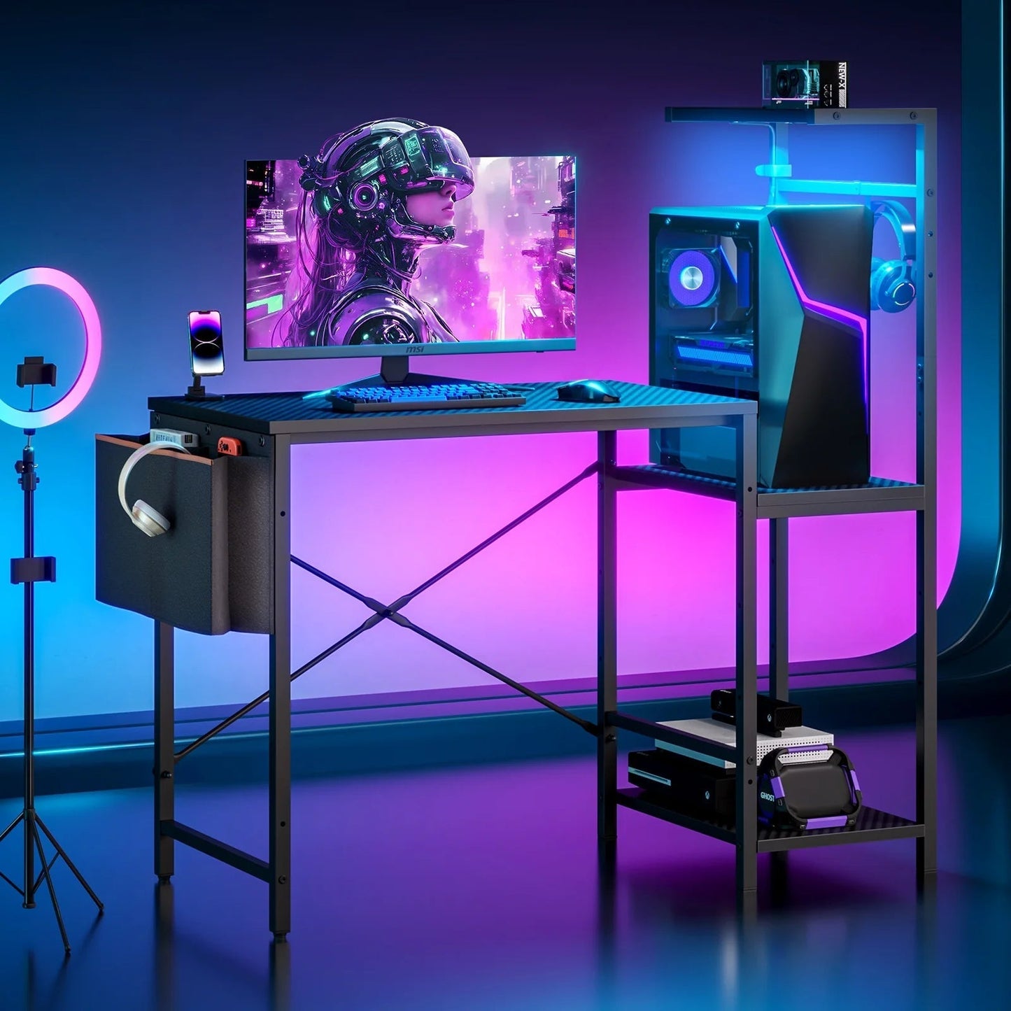 Gaming Desk with LED Lights, 44'' Computer Desk with Reversible Shelves, PC Gamer Desk with Side Storage Bag, Hooks and Height Adjustable Shelf for Home Office, Carbon Fiber Black