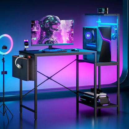Gaming Desk with LED Lights, 44'' Computer Desk with Reversible Shelves, PC Gamer Desk with Side Storage Bag, Hooks and Height Adjustable Shelf for Home Office, Carbon Fiber Black
