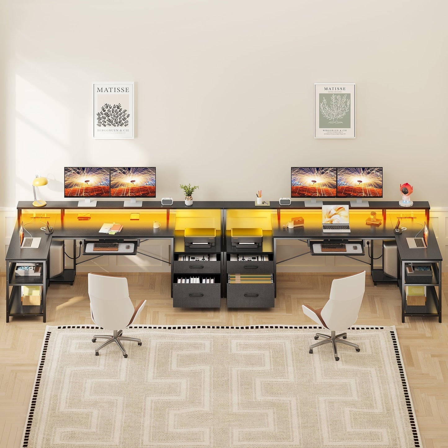 66" Reversible L Shaped Desk with File Drawer & Power Outlet, Modern Computer Desk with Keyboard Tray & LED Strip, Office Table with Storage Shelves, Gaming Desk with Monitor Shelf, Black