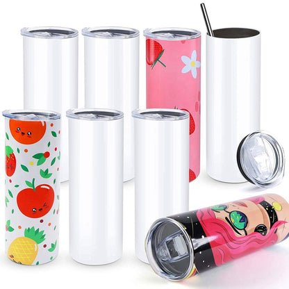 8 Pack Sublimation Blanks Tumblers 20 OZ Skinny Stainless Steel Mugs with Box, Paper and Straw