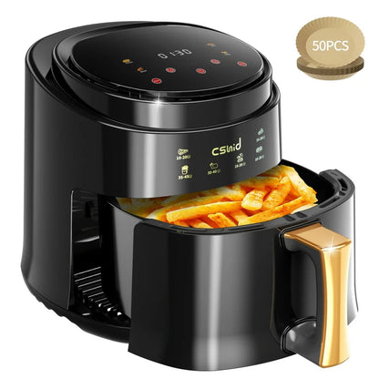 6.3 QT Large Capacity Air Fryer Touch Screen Smart Fryers Household Multi-Function Air Fryer That Crisps, Roasts, Reheats, & Dehydrates, High Gloss Finish,Including Air Fryer Paper Liners 50Pcs,Black