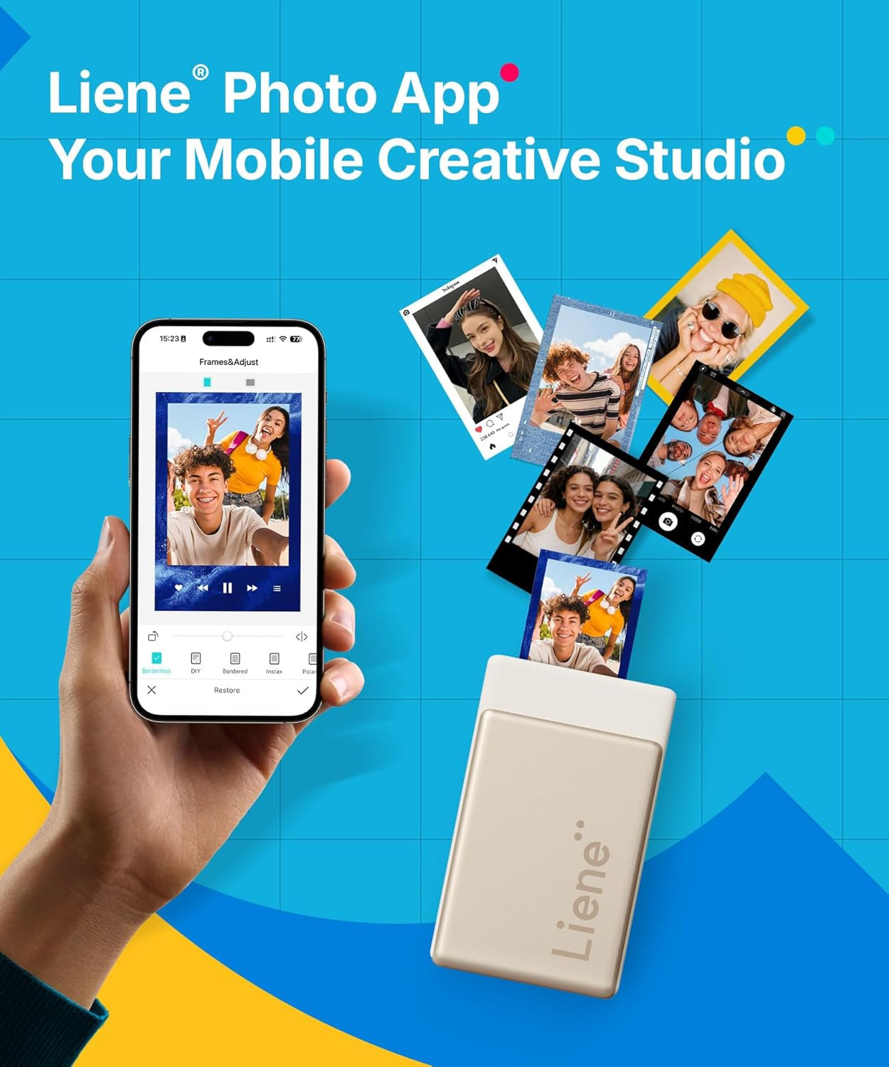 Liene Pearl N200 Pro Portable Photo Printer, Instant Mini Picture Printer for Iphone Smartphone, Thermal Dye Sublimation, Bluetooth Sticker Printer 50 Sheets 2X3 Adhesive Paper & 5 Cartridges, Gold