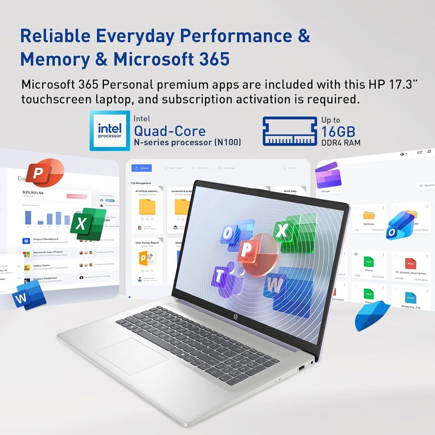 HP 17.3" Touchscreen Laptop W/Microsoft 365, 8GB RAM, 128GB SSD, Webcam W/Shutter, Fingerprint Reader, Backlit Keyboard, Microsoft Copilot Key, Intel Quad-Core CPU, Win11, Lavender