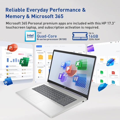 HP 17.3" Touchscreen Laptop W/Microsoft 365, 8GB RAM, 128GB SSD, Webcam W/Shutter, Fingerprint Reader, Backlit Keyboard, Microsoft Copilot Key, Intel Quad-Core CPU, Win11, Lavender