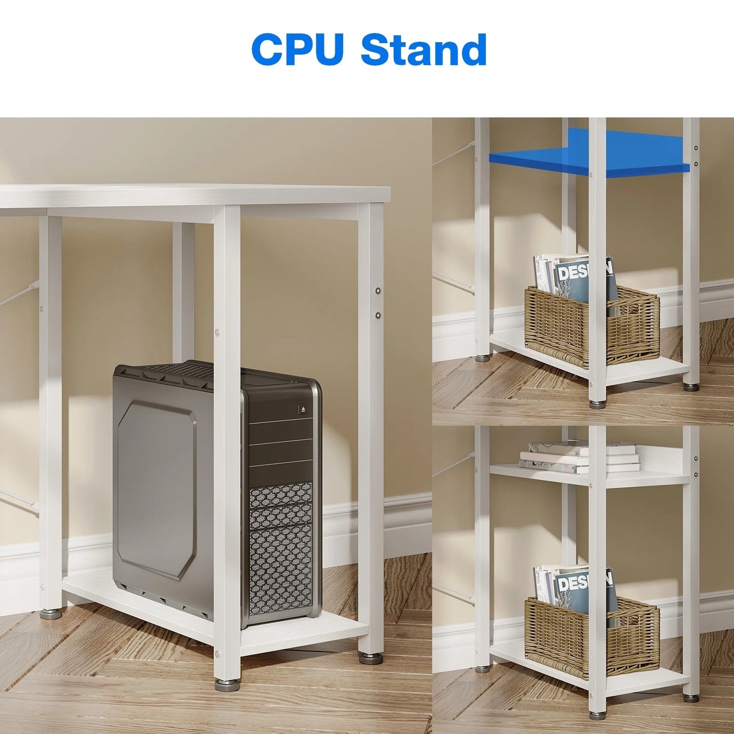 Reversible Modern Simple Style L Shaped Desk with Charging Station and Drawers, Pure White