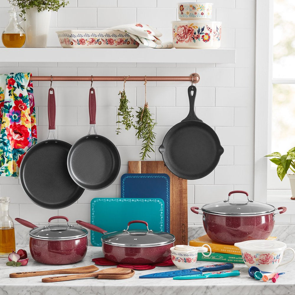 Keepsake Floral 38-Piece Cookware Set, Merlot