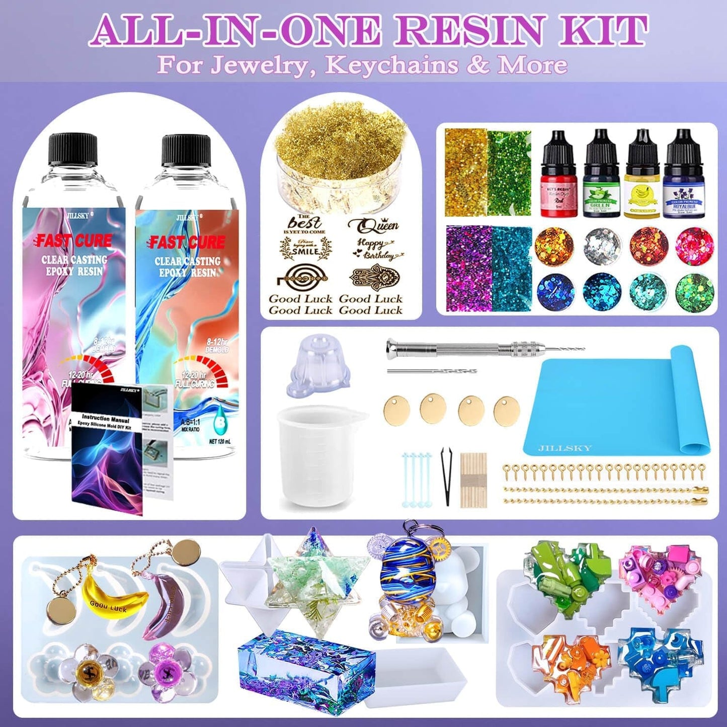 JILLSKY Epoxy Resin Kit 16Oz with Molds & Storage Box, Fast Cure Clear Casting Resin for Jewelry Making, Keychains, Coasters, and DIY Crafts with Pigments & Glitter