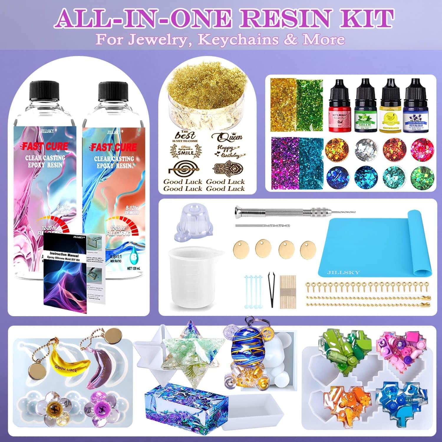 JILLSKY Epoxy Resin Kit 16Oz with Molds & Storage Box, Fast Cure Clear Casting Resin for Jewelry Making, Keychains, Coasters, and DIY Crafts with Pigments & Glitter