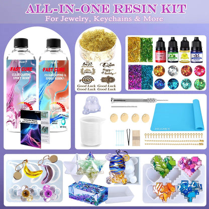 JILLSKY Epoxy Resin Kit 16Oz with Molds & Storage Box, Fast Cure Clear Casting Resin for Jewelry Making, Keychains, Coasters, and DIY Crafts with Pigments & Glitter