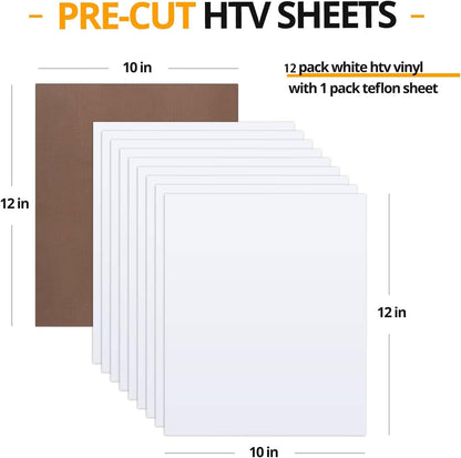 White HTV Heat Transfer Vinyl Bundle: 13 Pack 12" X 10" White Iron on Vinyl for T-Shirt, Heat Transfer Vinyl for Silhouette Cameo or Heat Press Machine
