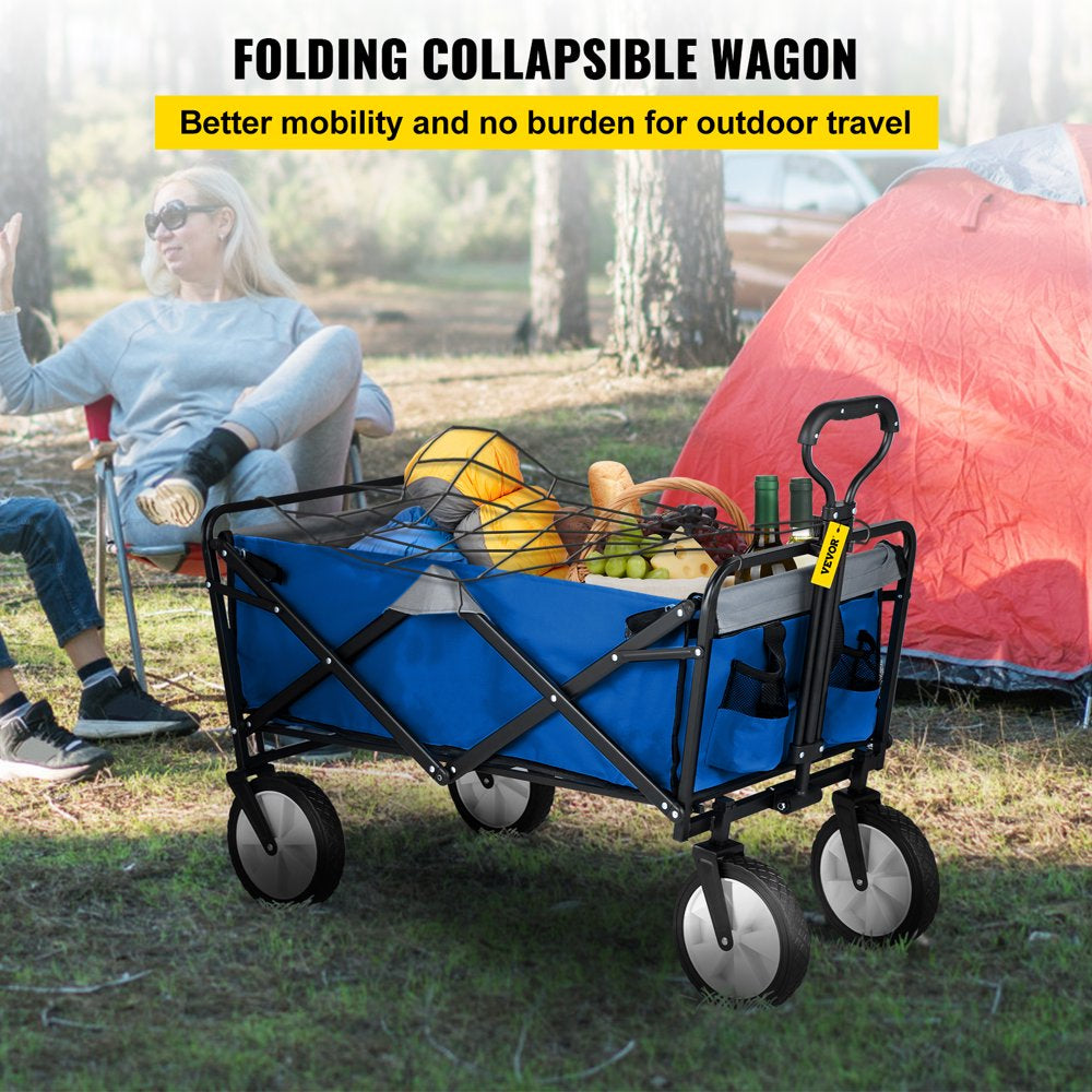 brand Collapsible Wagon Cart ,Folding Wagon Cart , 176 Lbs Load Beach Wagon Oversized Wheels, Portable Folding Wagon Adjustable Handles for Beach, Garden, Sports, Camping,Blue & Gray