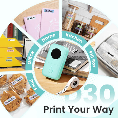 D30 Thermal Label Printer, Bluetooth Wireless Mini Pocket Smartphone Label Maker Machine with Tape, Compatible with Ios/Android, for Home, Office, and Supermarket(Gn)