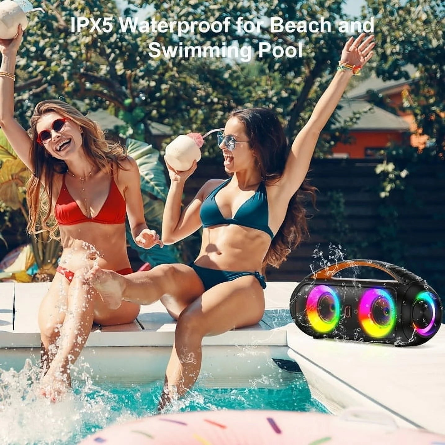 Waterproof Bluetooth Speaker, 40W Stereo Deep Bass, Portable Boombox Party Speaker, Remote Control, D16