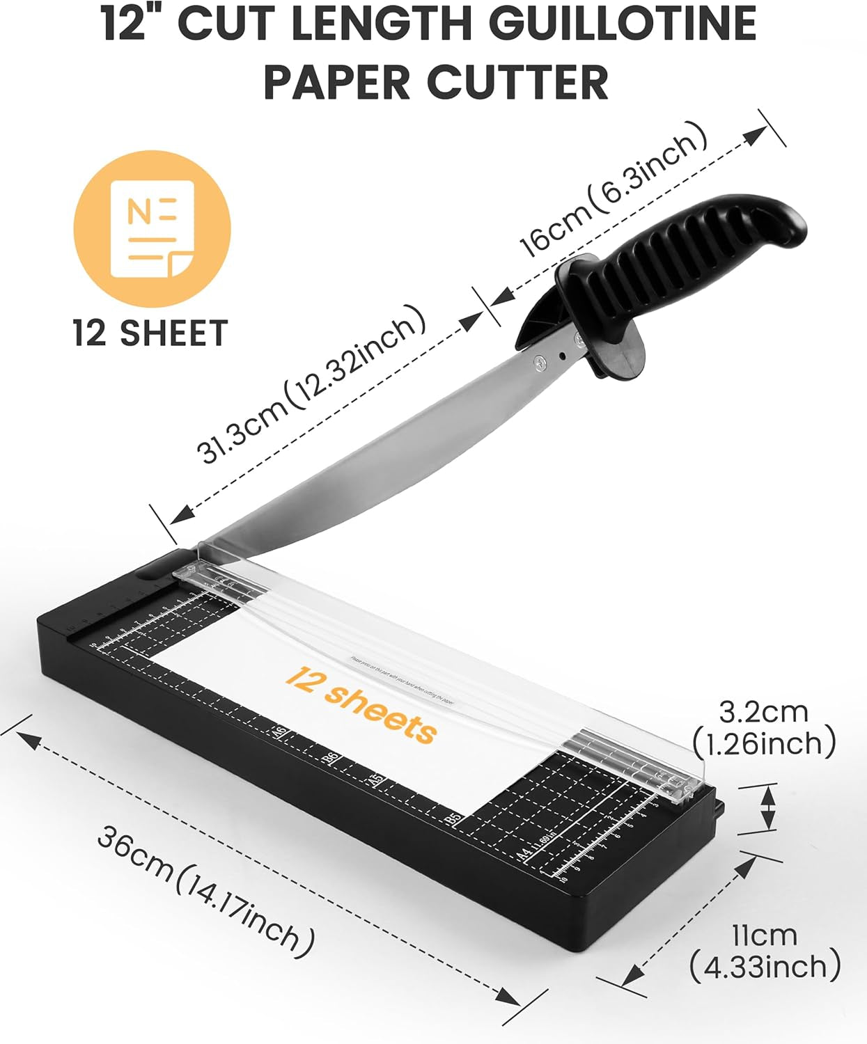 Paper Cutter 12 Inch, 12 Sheet Capacity, Heavy Duty Paper Cutter for Cardstock, Guillotine Paper Trimmer for Crafting, Classroom and Office