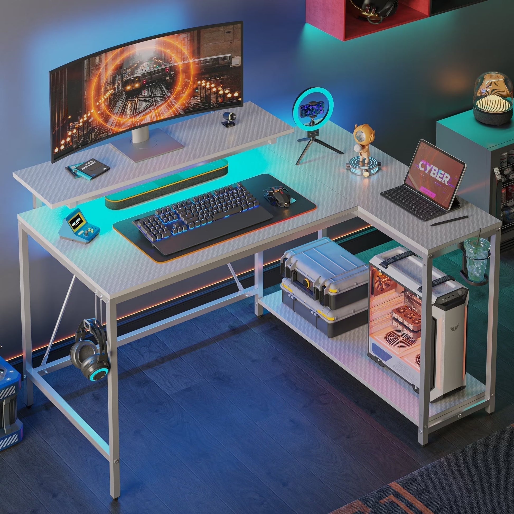 42" Small Corner Computer Desk with Monitor Stand, Cup Holder& Headset Hooks, Home Office, Carbon Fiber Gray