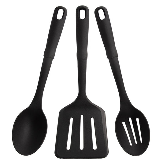 3-Piece Kitchen Utensil Set, Slotted Spatula, Slotted Spoon and Solid Spoon, Black, Nylon