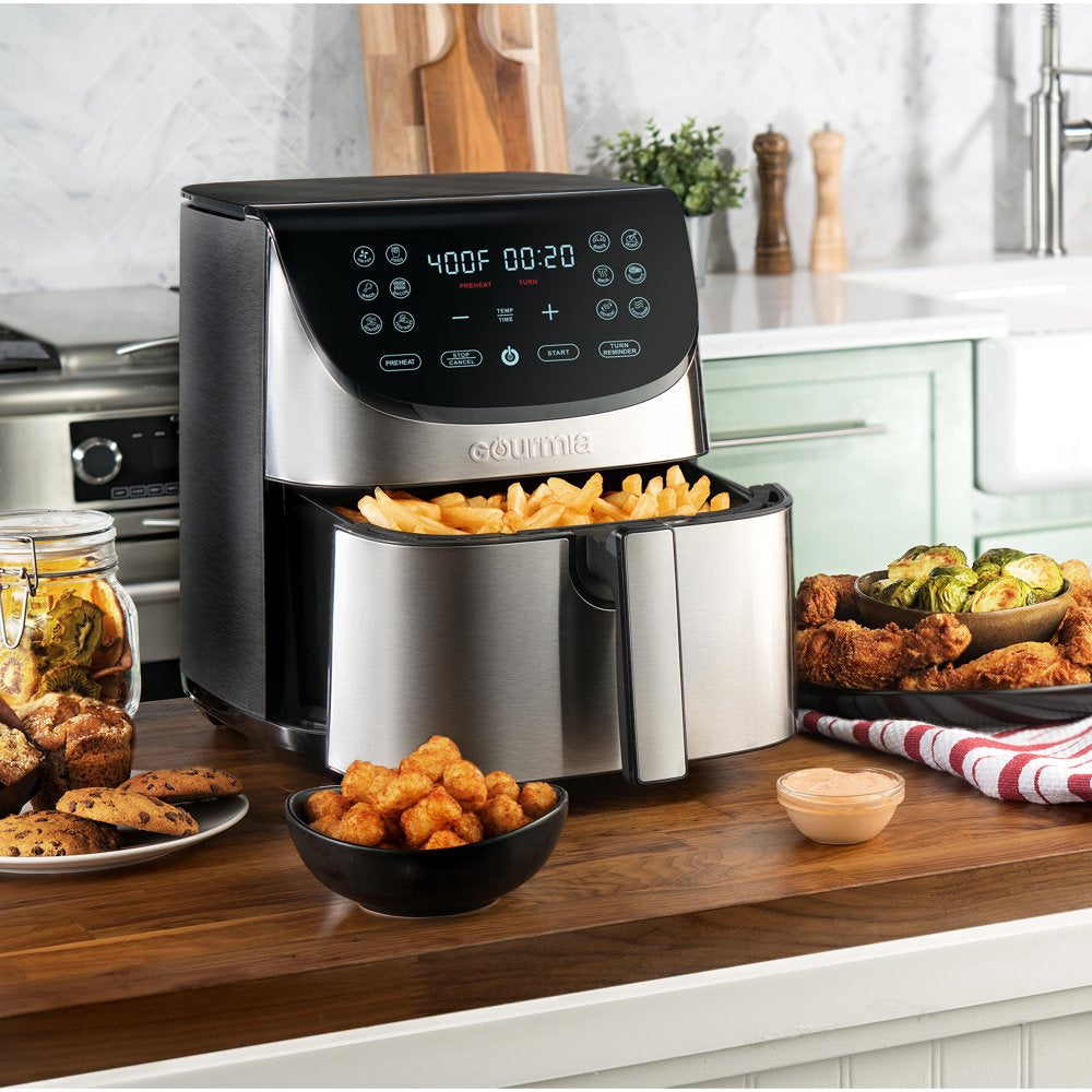 8 Qt Digital Air Fryer with 12-One Touch Presets, Stainless Steel, Black, 13 In, New