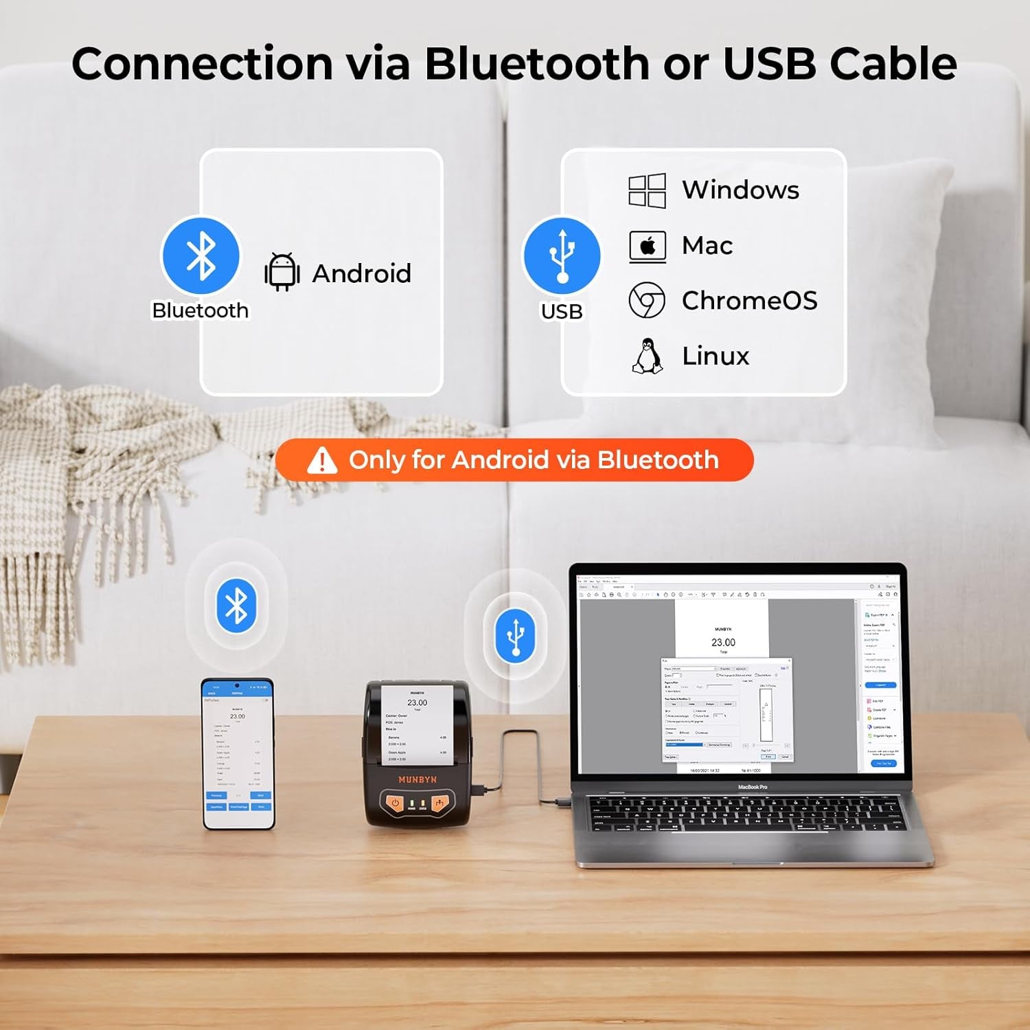 MUNBYN Bluetooth Receipt Printer, Portable Thermal Receipt Printers for Small Business Sales Retail, 58Mm Mini Receipt Printer Compatible with Android/Windows/Mac/Chromeos/Linux(Not Support Ios)
