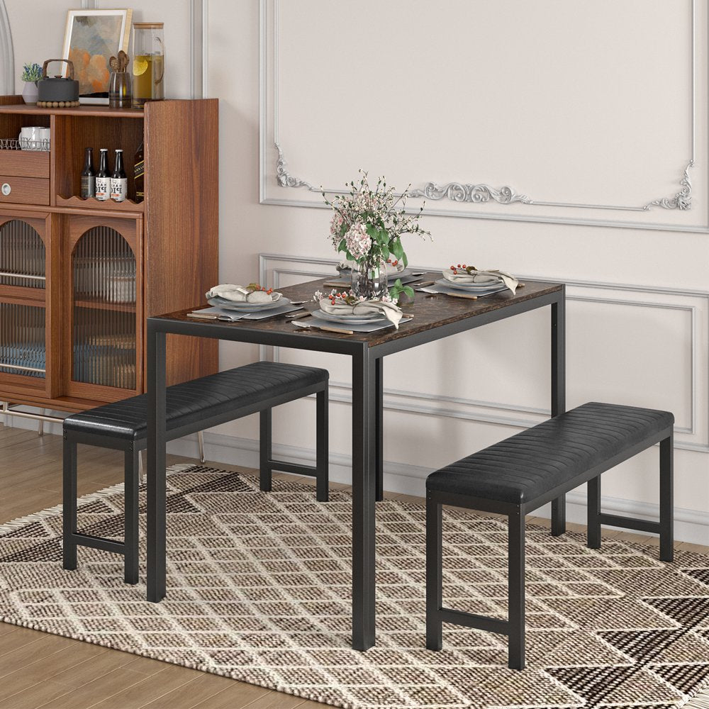 Dining Room Table Set, 3-Piece Marble Top Breakfast Nook Dining Table Set with 2 Upholstered Benches, Kitchen Table Set with Metal Frame, Modern Furniture for Home Cafeteria, Brown