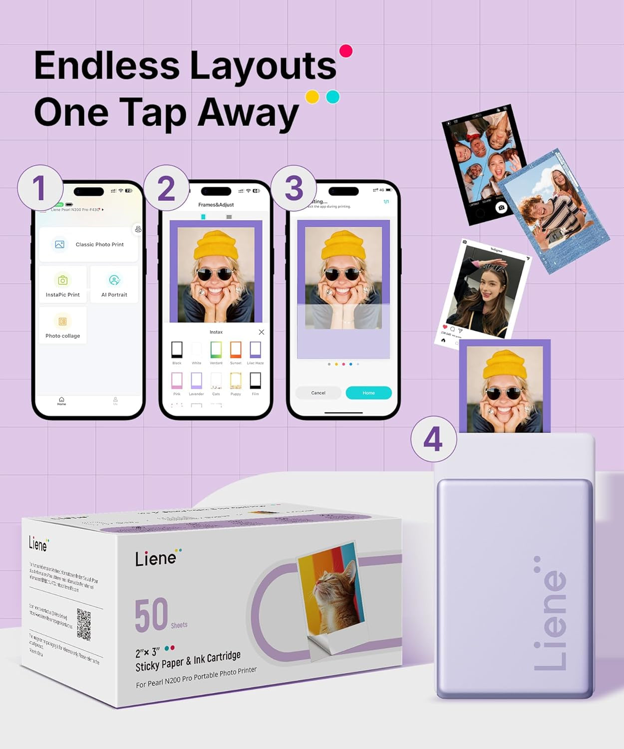 Liene Pearl N200 Pro Portable Photo Printer Photo Paper 50 Sheets & 5 Cartridges, Picture Printer Sticker Paper Adhesive, Waterproof, Smudge Proof, Photo Paper Only for DMP130 for Scrapbook