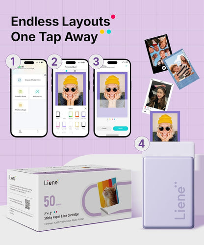 Liene Pearl N200 Pro Portable Photo Printer Photo Paper 50 Sheets & 5 Cartridges, Picture Printer Sticker Paper Adhesive, Waterproof, Smudge Proof, Photo Paper Only for DMP130 for Scrapbook