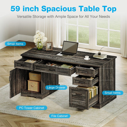 Home Office Desk with File Cabinet and Drawers, 59" Executive Desk with USB Power Outlet, Storage Cabinet for CPU, Workstation Table for Study, Dark Oak
