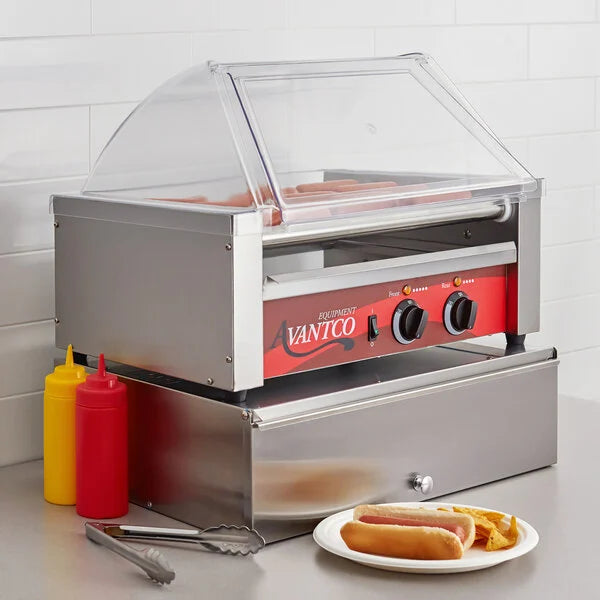 Avantco 24 Hot Dog Roller Grill with Sneeze Guard and 64 Bun Cabinet
