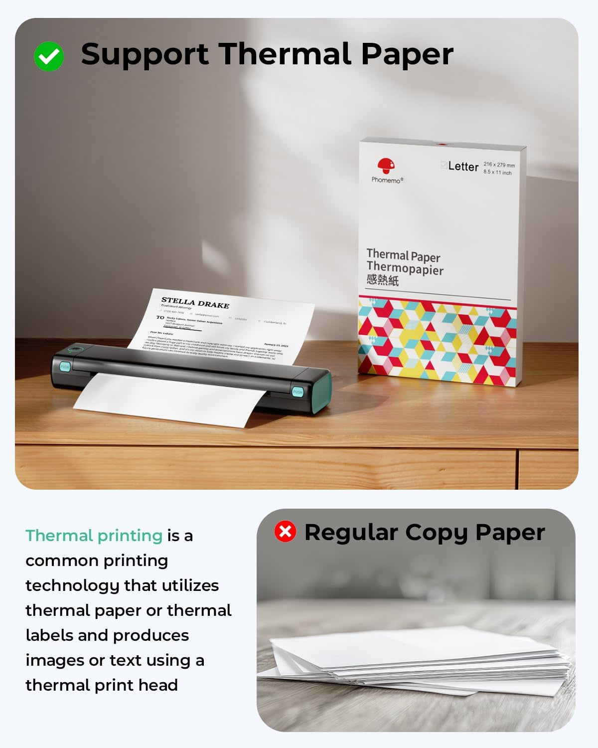 Phomemo Portable Printers Wireless for Travel, M08F Thermal Bluetooth Printer Support for 8.5"X11" US Letter, Small Inkless Printer Compatible with Ios, Android, Laptop for Car, Office, Home