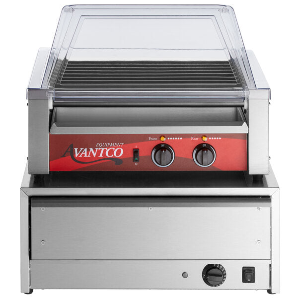 Avantco 30 Hot Dog Non-Stick Roller Grill with Sneeze Guard and 32 Bun Warmer