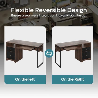 55 Inch Office Desk with Drawers, Keyboard Tray, 2 Hooks, Modern Fluted Computer Desk for Home, Walnut