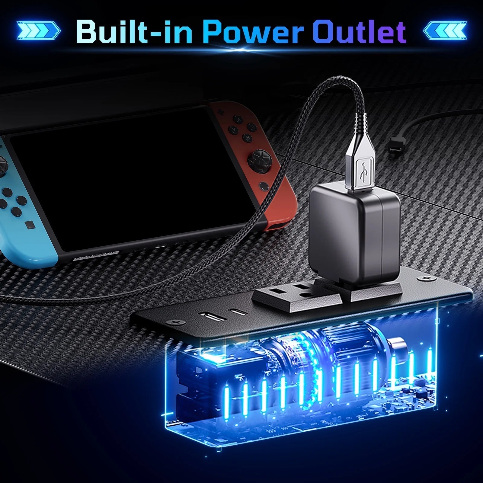 42" Reversible L-Shaped Gaming Desk: Equipped with Power Outlets, LED Lights, Adjustable Shelves & Hooks for Small Spaces ,Bedrooms & Offices, Carbon Fiber Black