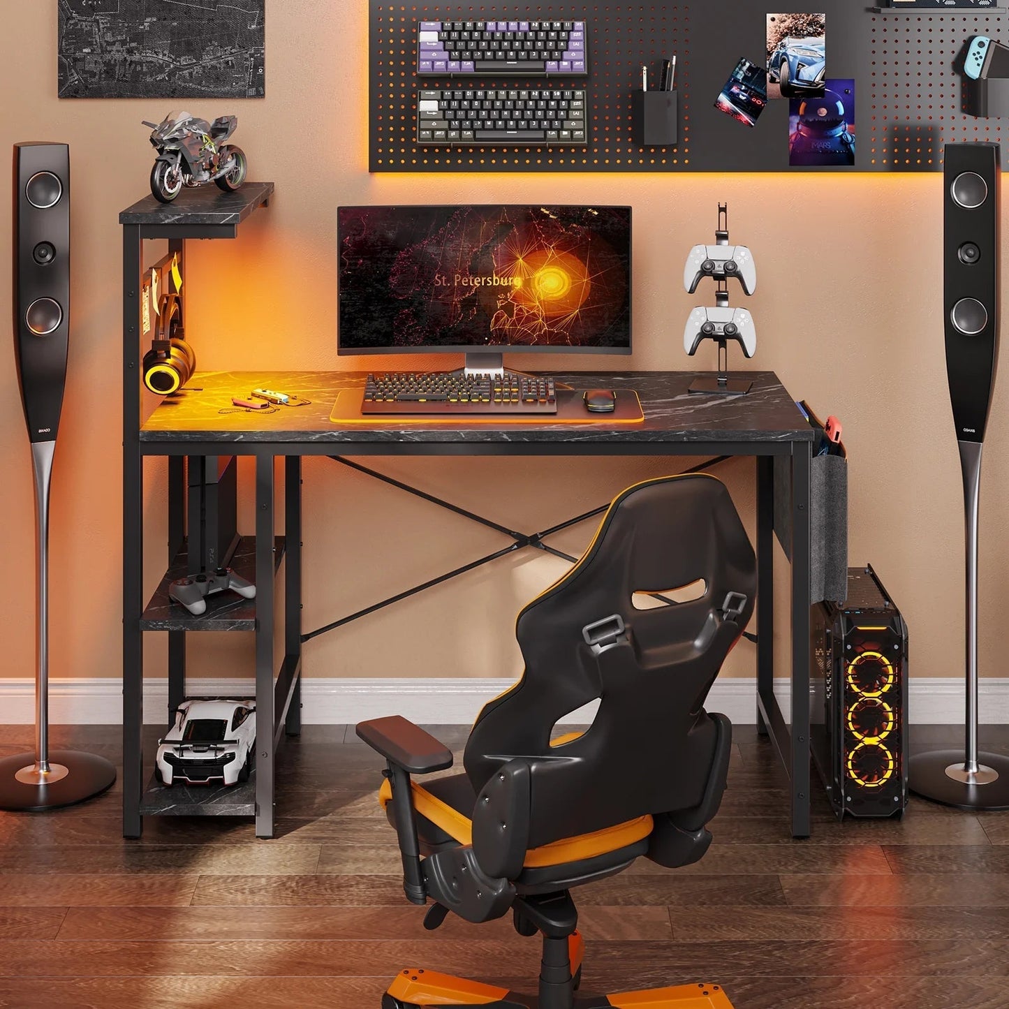 Reversible 44 Inch Computer Desk with LED Lights Gaming Desk with 4 Tier Shelves Black Marble