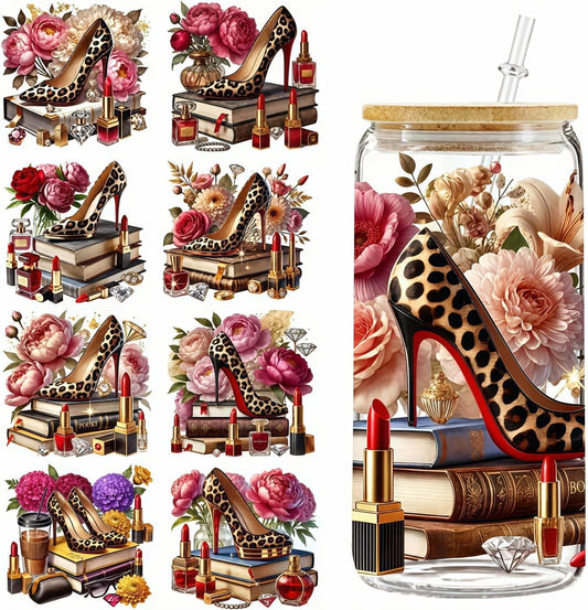 5Pcs Leopard Print Luxury High Heels UV DTF Cup Wraps Winter UV DTF Transfer Sticker for Glass Cups Furniture Craft DIY Crafts，Rub on Transfer Stickers for DIY Water Bottle Laptop Decal Wood Car