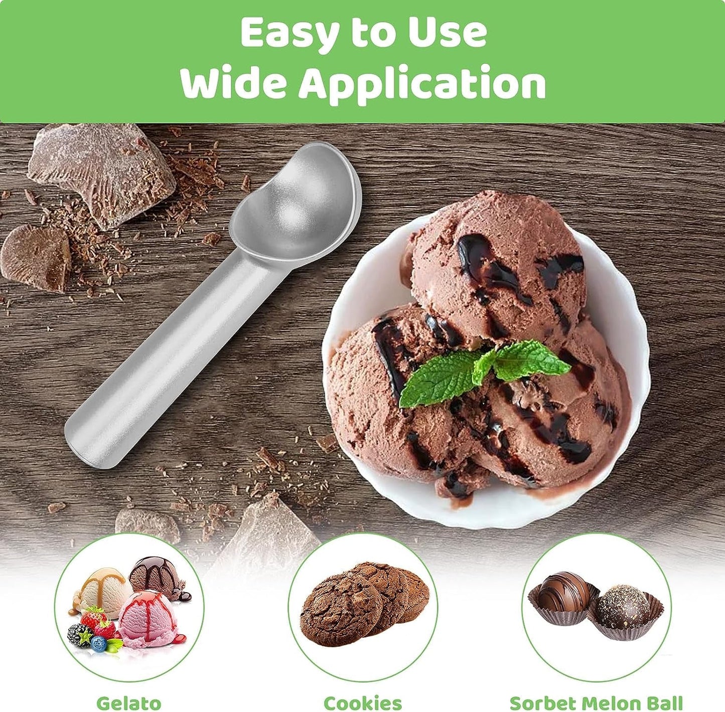 Ice Cream Scoop,7 Inches Nonstick Anti-Freeze One Piece Aluminum Scooper Spoon, Heavy Duty Durable Design, Easy Clean, for Gelato, Cookie Dough, Sorbet, Almond (Silver)