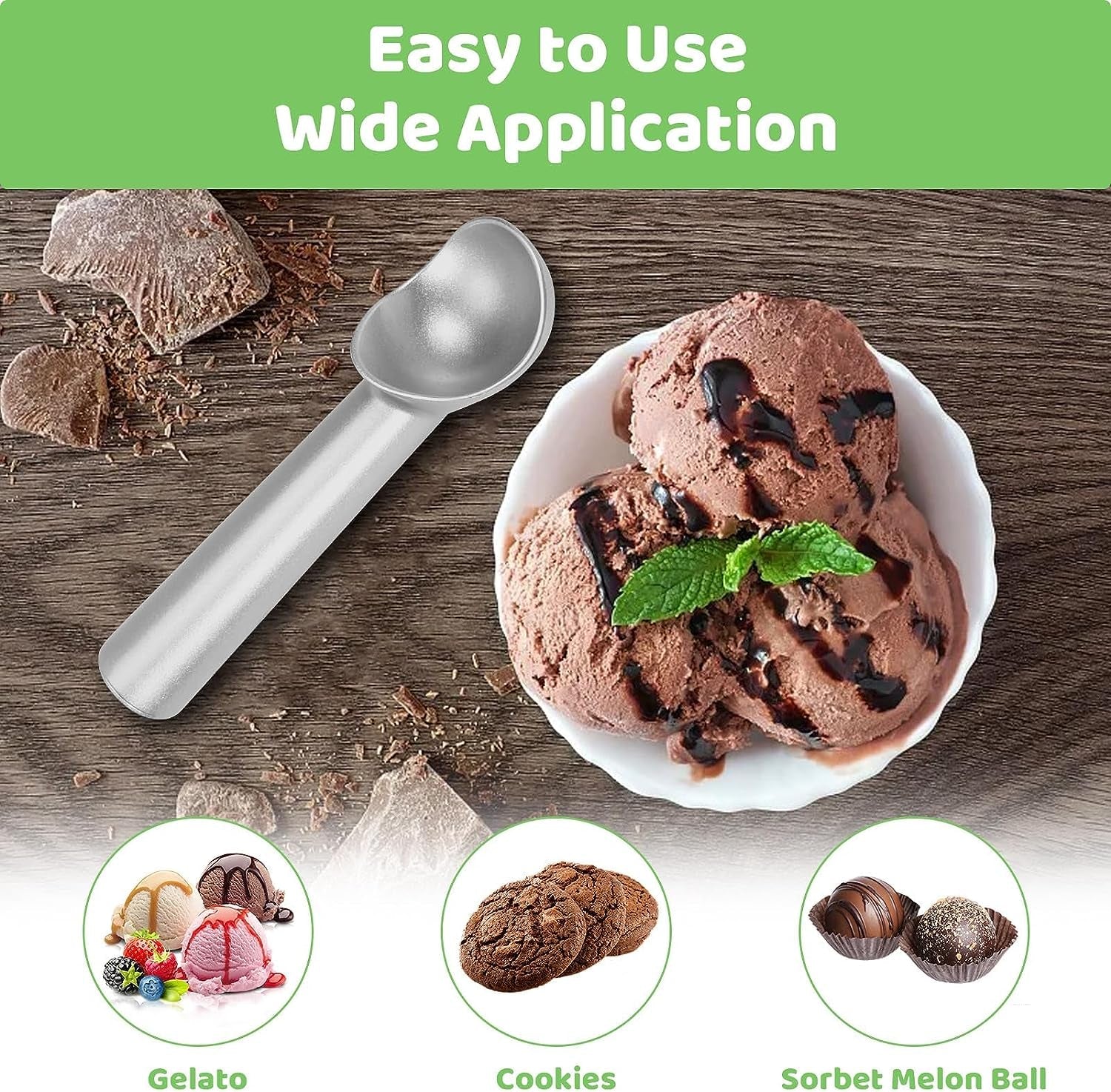 Ice Cream Scoop,7 Inches Nonstick Anti-Freeze One Piece Aluminum Scooper Spoon, Heavy Duty Durable Design, Easy Clean, for Gelato, Cookie Dough, Sorbet, Almond (Silver)