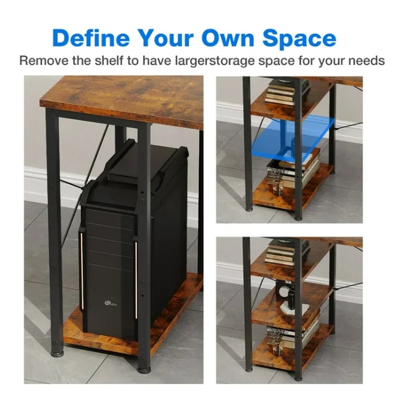 32 Inch Computer Desk with 3 Tier Shelves for Small Space, Small Table with Power Outlets, Vintage