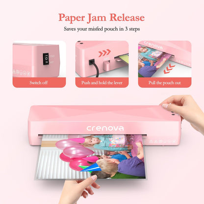 Crenova Laminator Machine with 10 Laminating Sheets, A4 Laminating Machine | Hot & Cold with Fast Warm Technology, Thermal Laminator 9 Inch for Home Office School Business Pink
