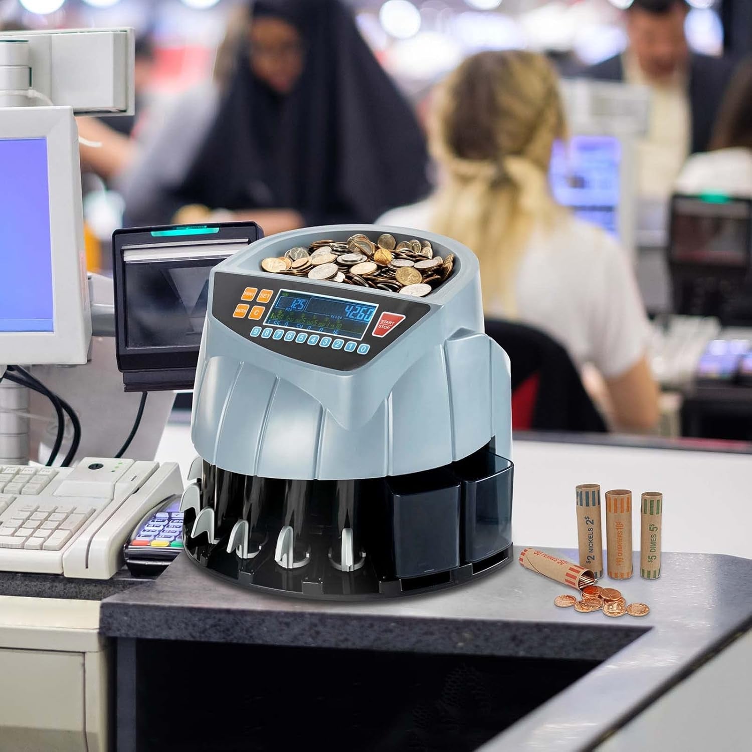 MUNBYN Coin Counter Machine, Coin Sorter Machine, 1¢, 5¢, 10¢, 25¢, 50¢ and Dollar, 250 Coins/Min, Compatible with Printer, Batch Mode Change Counter Machine, 6 Bins and Tubes Roller